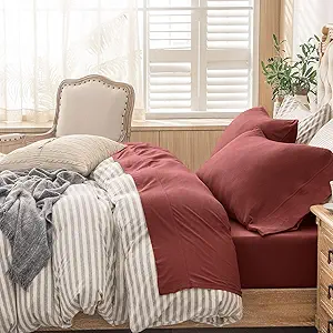 PURE ERA Jersey Knit 4pc Bed Sheet Set 100% T-Shirt Cotton Super Soft Comfy Breathable Fits Mattress Up to 20" Extra Deep Pocket (Solid Brick Red, Queen)