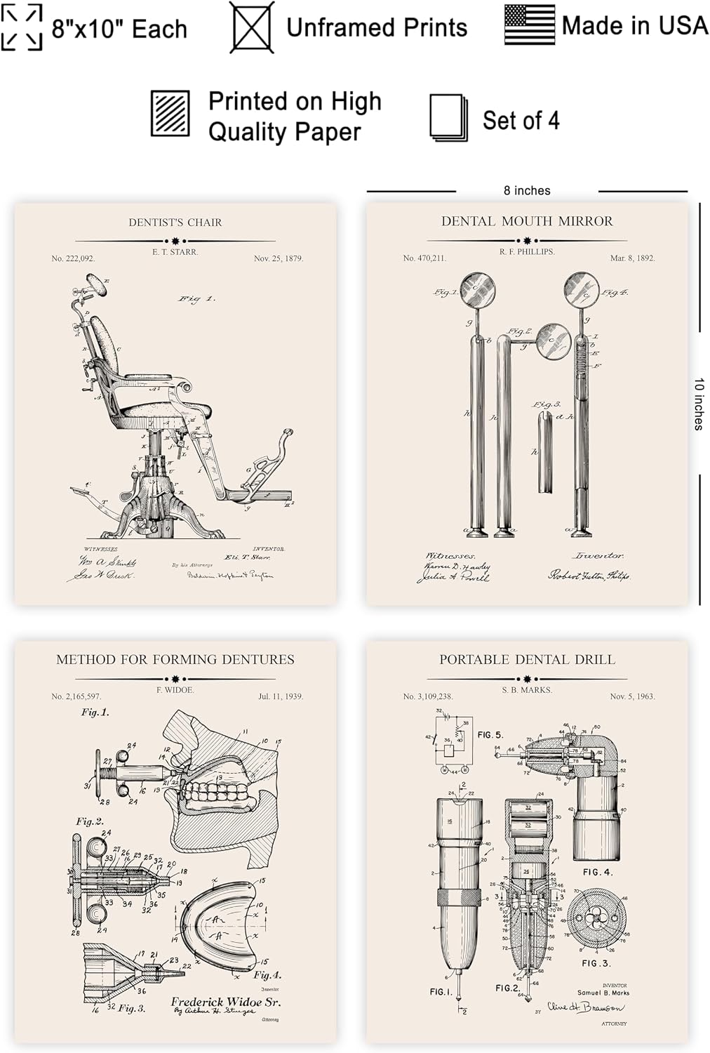 Monem Art 4-Piece Dental Blueprint Poster - Dentist's Chair Patent Print - Dental Mouth Mirror Art - Dentures Art - Dental Drill Art - Dentist Art - Great Clinic Decor - 8x10 UNFRAMED Wall Art