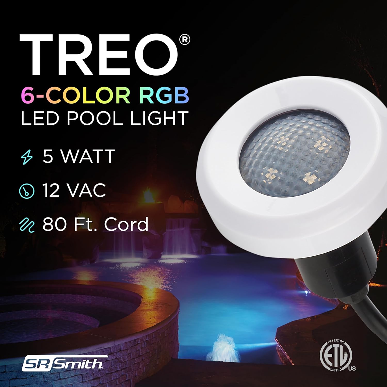 S.R.Smith Treo LED Pool Light – 12 Volt Color Changing Underwater Lighting for Inground Pools and Spas – Compatible with PoolLUX Power