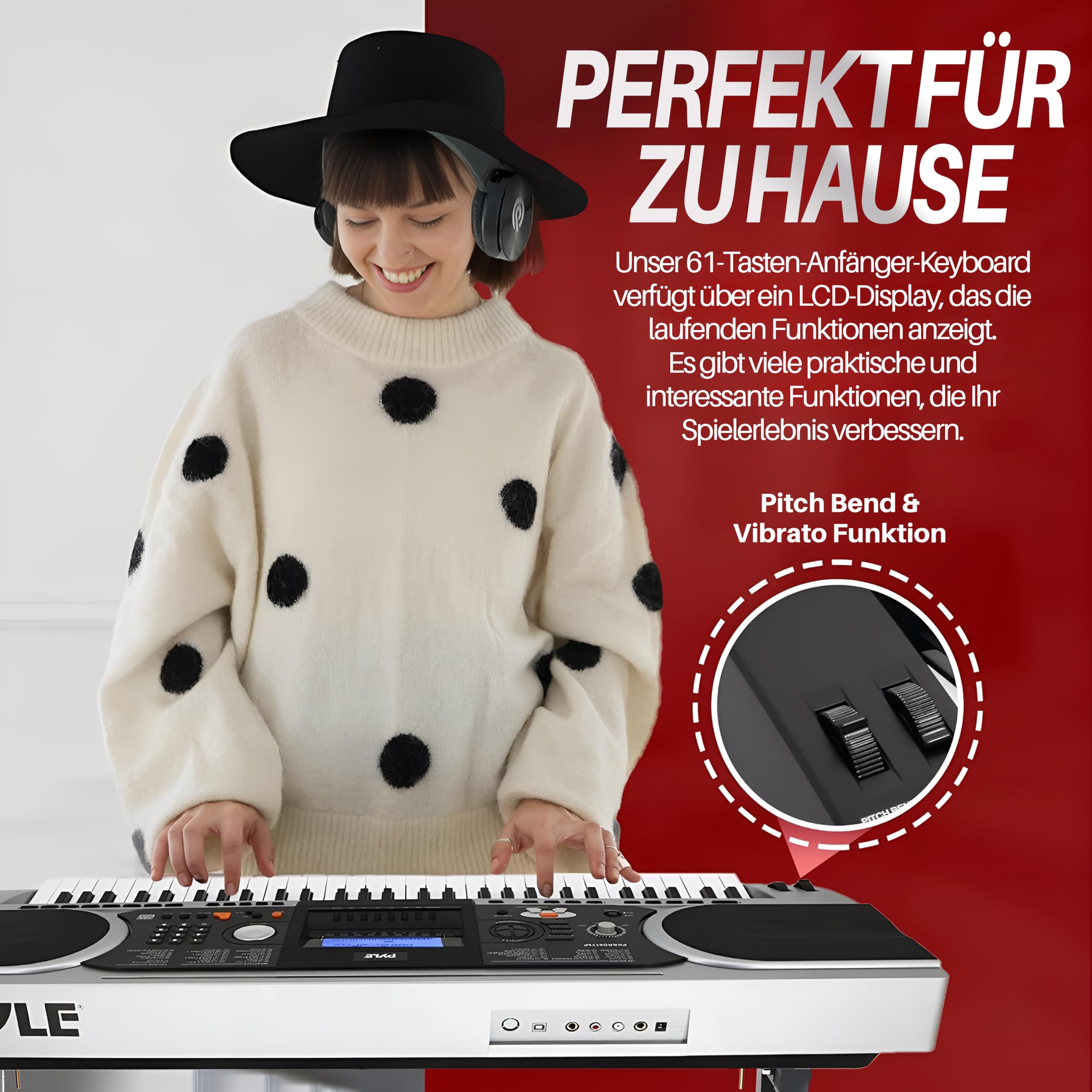 Pyle Keyboard für Anfänger, 61- Tasten E-Piano mit Pitch Bend & Vibrato, Inkl. Ständer, Hocker, Sustain-Pedal, Kopfhörer & Tragetasche, LCD- Display, Klavierlektionen für Kinder & Erwachsene