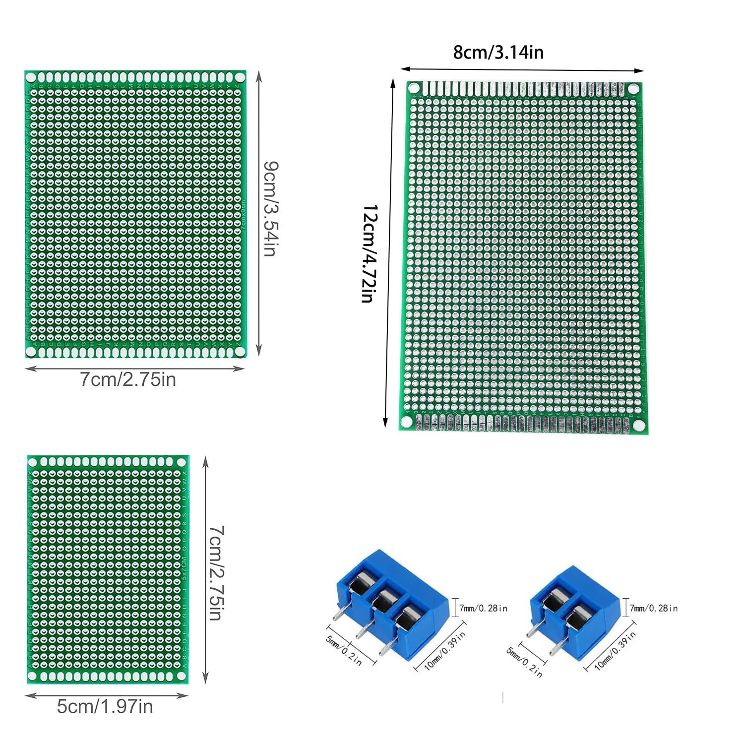 GTIWUNG Kit di Schede PCB, include 15 Pezzi Schede Prototipo a Doppia Faccia Universali Basetta Millefori 5 * 7/7 * 9/8 * 12CM Schede Elettroniche, 14 Pezzi 2/3 Pin Terminale a Vite Morsetti a Vite
