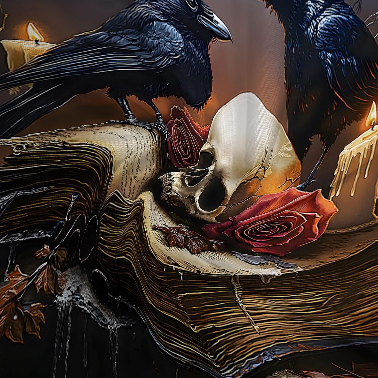 Gothic Skull Crow Shower Curtain Halloween Black Raven Red Rose Floral Old Books Candle Branch Tree Abstract Spooky Animal Bath Curtain Fabric Bathroom Accessories Decor with Hooks 70W x90L