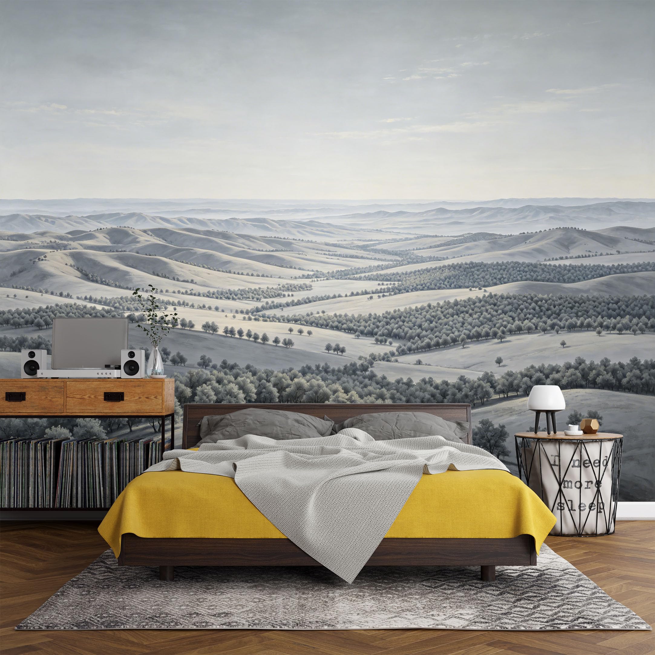 Custom Size Wall Mural Monochrome Rolling Hills Landscape Foggy Valley Minimalist Nature Scenic Art，SelfAdhesive Art Prints wall Fabric（No PVC） Removable Wallpaper Living Room Decor