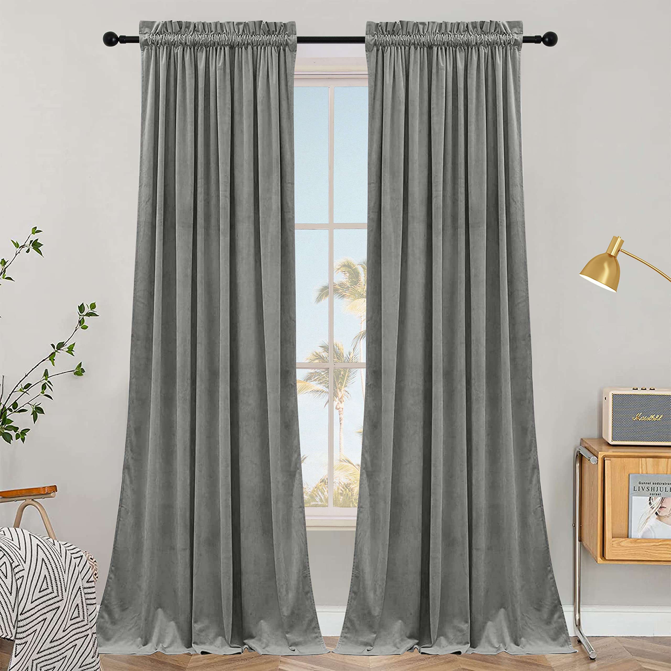 SIMILAR TO..SMILETIME Grey 96in Long Velvet Curtains with Rod Pocket Thermal Insulated Soft Privacy Light-Filtering Velvet Drapes for Bedroom and Living Room, Set of 2 Panels, 52 x 96 Inches Long
