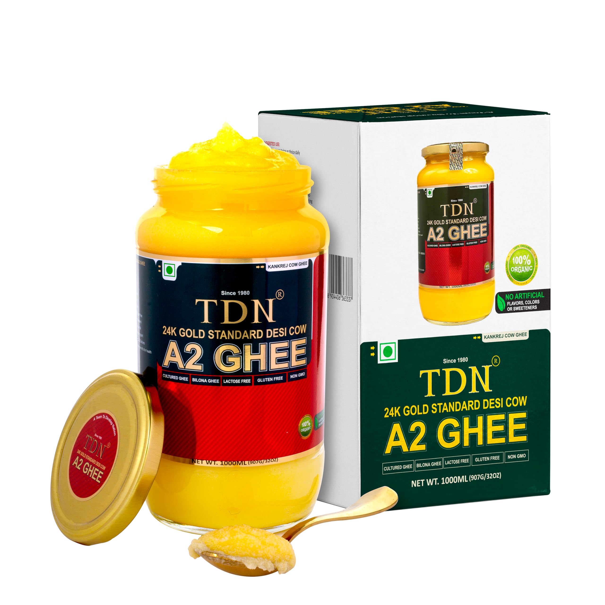 TDN Farm Fresh A2 Ghee - 1L Glass Bottle, NDDB A2 Lab Certified, A2 cow desi ghee, A2 Ghee Bilona Method, A2 Organic Cow Ghee, Grassfed, Cultured Premium Ghee, Curd Churned A2 Ghee