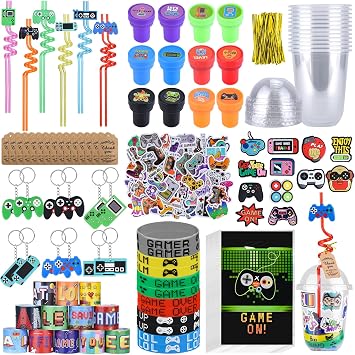 Video Game Party Favors - 241Pcs Boys Birthday Gamer Party Supplies Return Gifts with Drinking Straws Cups Slap Bracelet Keychain Game Sticker Stampers and Gaming theme Charms for Shoes Decoration