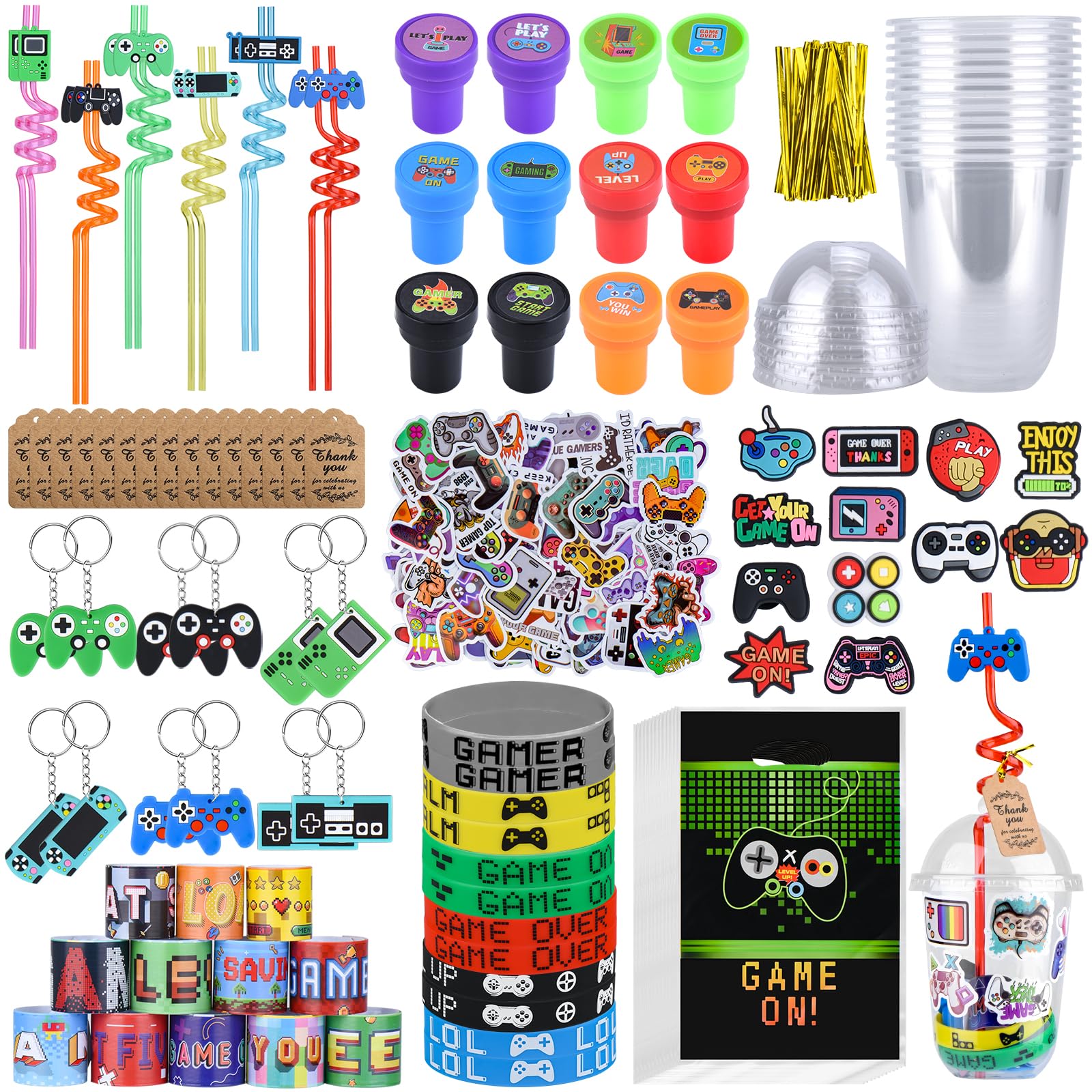 Video Game Party Favors - 241Pcs Boys Birthday Gamer Party Supplies Return Gifts with Drinking Straws Cups Slap Bracelet Keychain Game Sticker