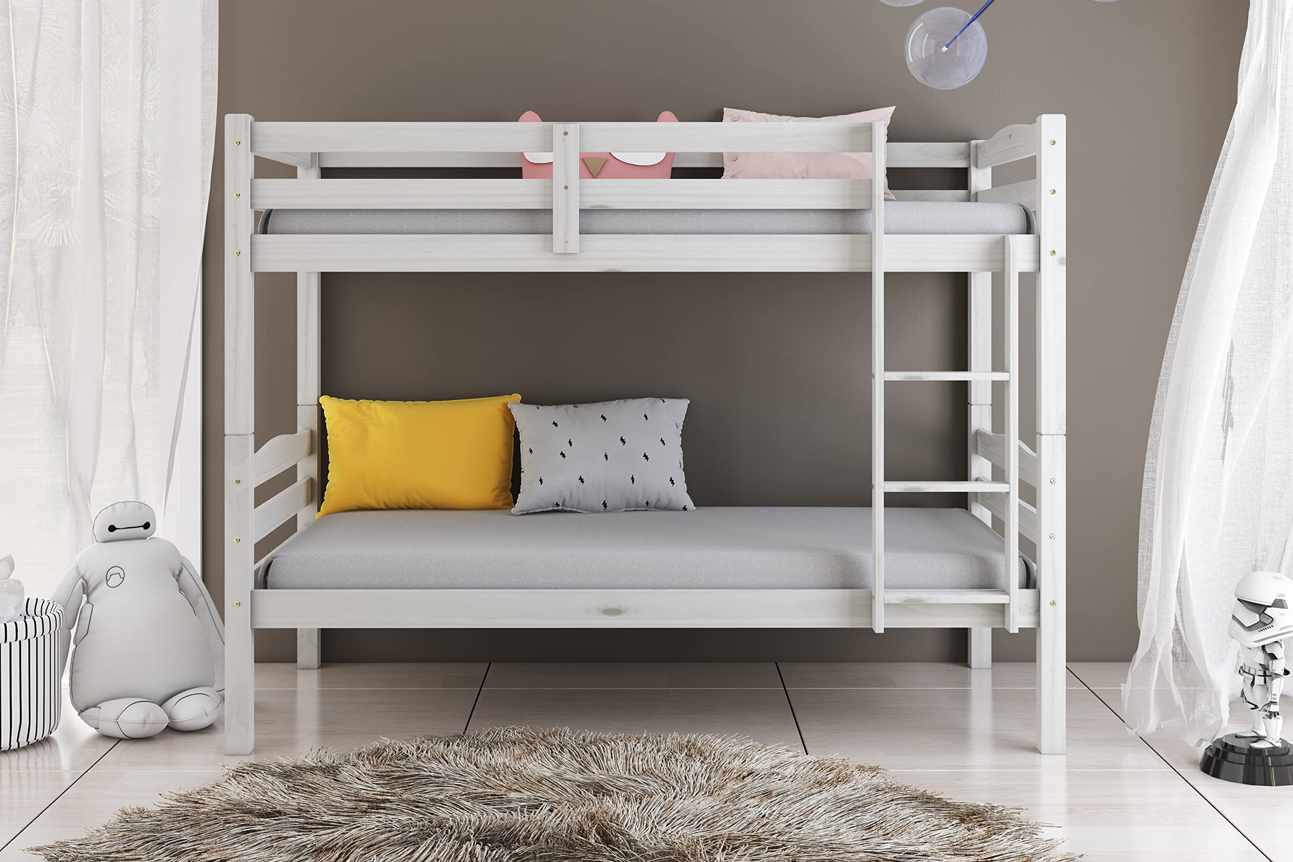 Arredo Stock Letto a castello in legno di pino massello utilizzabile come due letti singoli, 90x190x150 cm (Bianco)