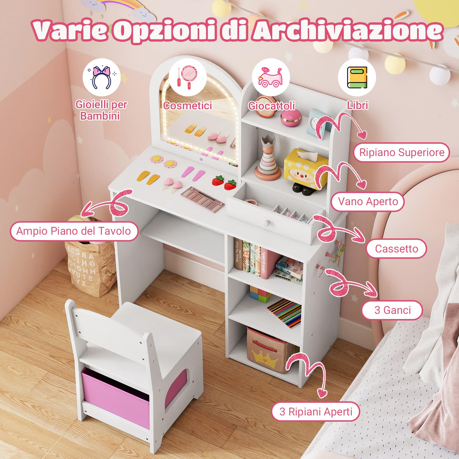 COSTWAY Toeletta Trucco per Bambina con Sgabello, Tavolo Trucco in Legno con Specchio Luci LED, Ripiani Aperti, 3 Ganci e Cassetto, Set Mobile da Principessa con 5 Giocattoli per 3+ Anni (Bianco)