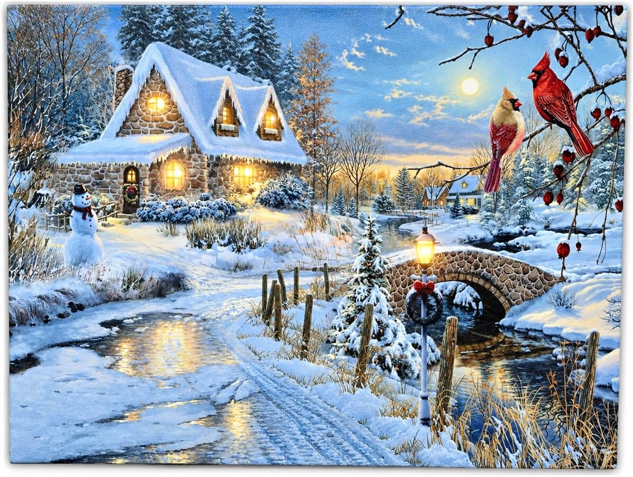 LED Christmas Wall Art - Lighted Snowy Cottage Along a Stream with Cardinals and Snowman, Old Fashioned Cobblestone Bridge Winter Scene, Illuminated Christmas Canvas Print, 11.75" x 15.75