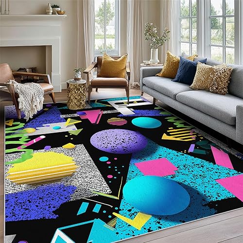 Miniatura 82 de Alfombra retro de los años 70, alfombras de área de 6 x 8 pies, patrón geométrico moderno de mediados de siglo, para sala de estar, dormitorio,