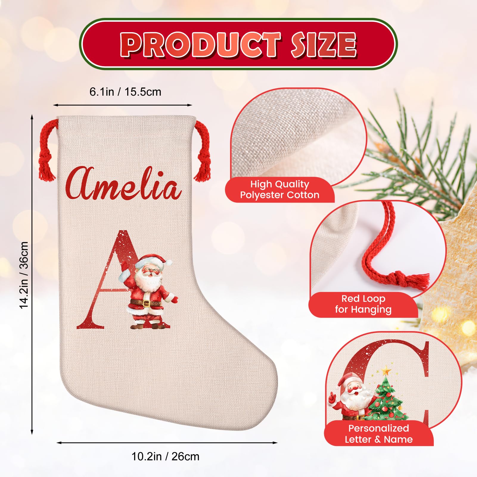 WACAR Personalized Christmas Stockings with Initial & Name, Custom Xmas Stocking Gift Bags with Drawstring, Holiday Fireplace Tree Decoration