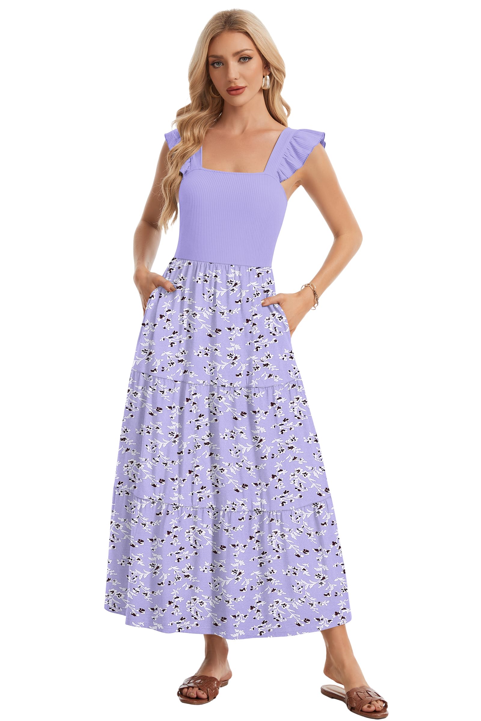 AUSELILY Vestido Maxi Verano Escote Cuadrado Volantes Sin Mangas Bolsillos