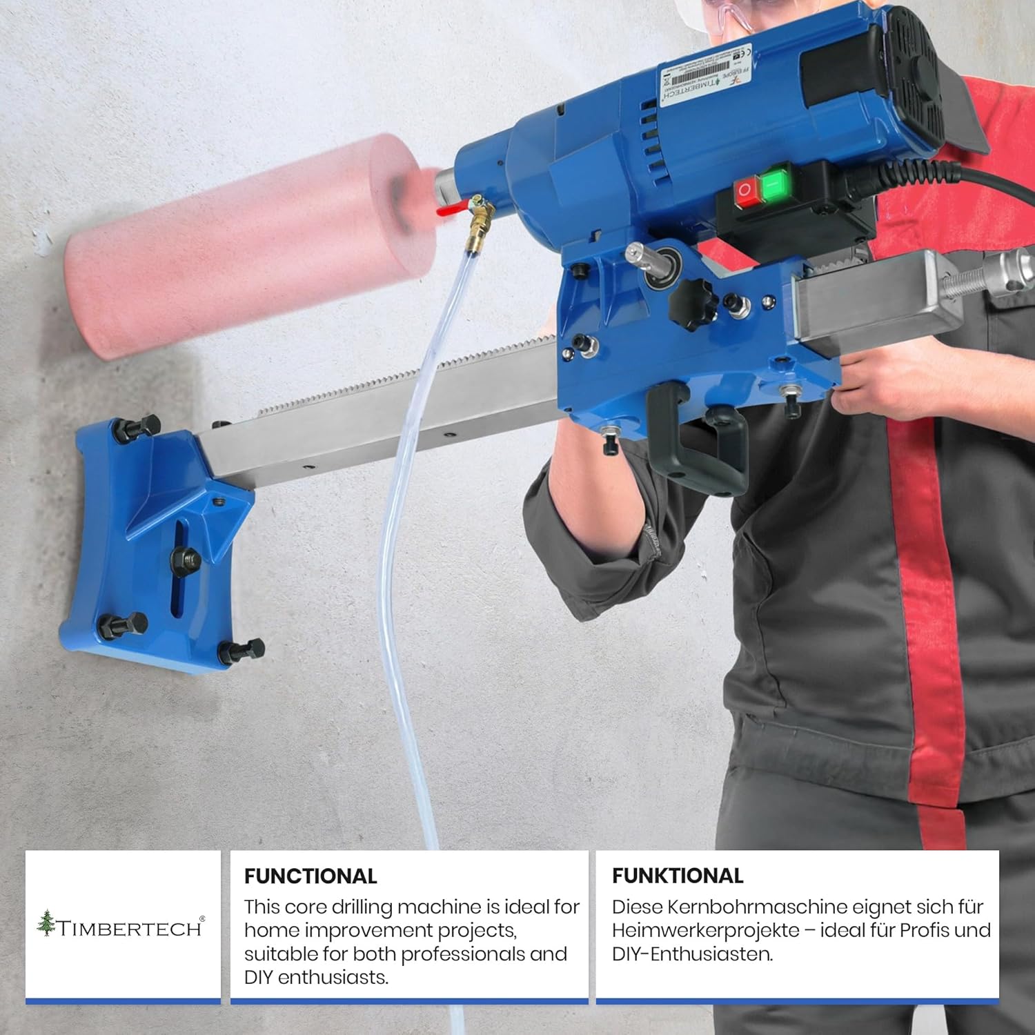 TIMBERTECH Diamond Core Drilling Machine in use, showing the water cooling system connected and actively drilling through a wall.