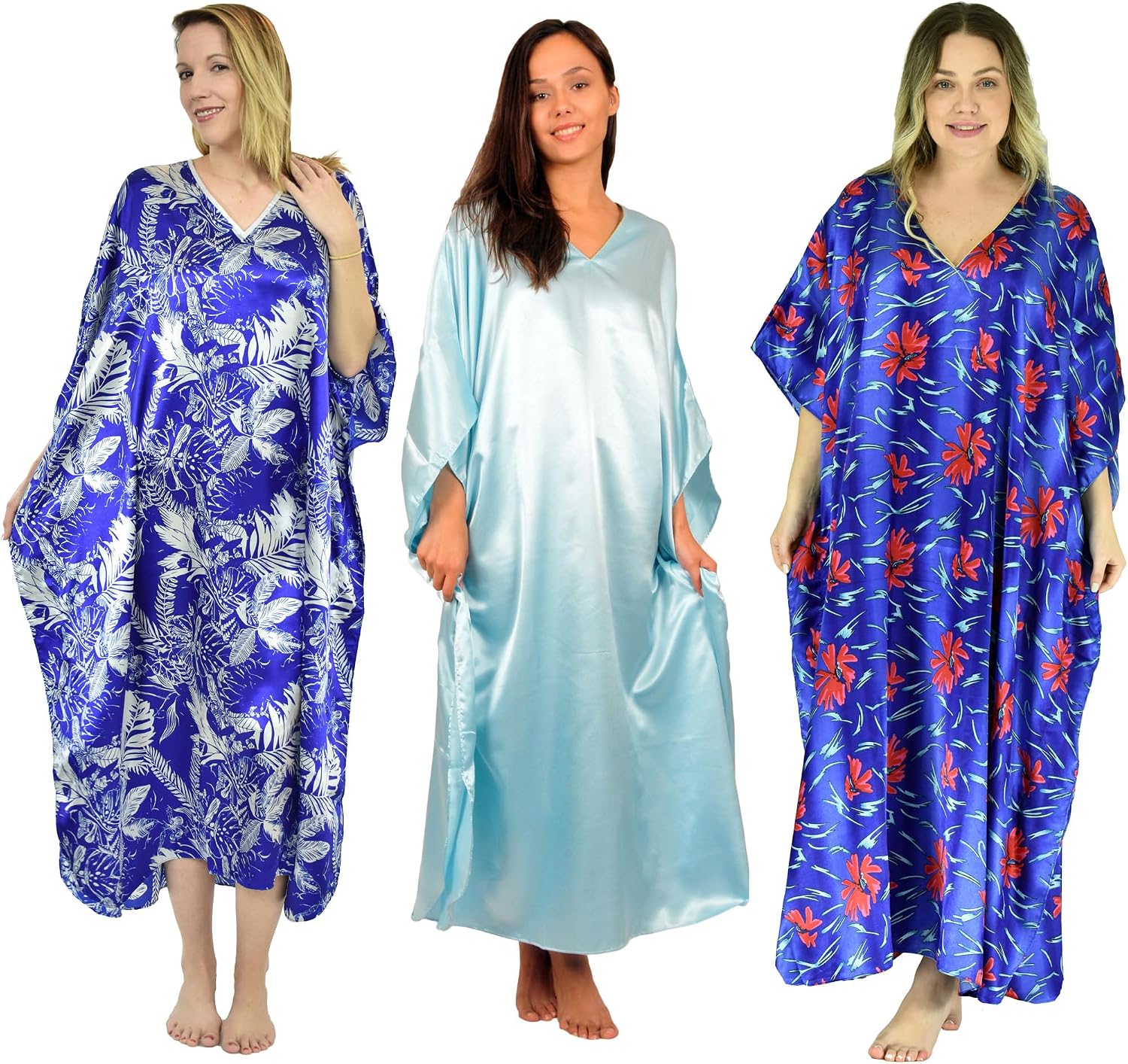 Up2date Fashion Satin Caftan/Kaftan 3-Pack – Blue Shades, One Size, Soft Silky Feel – Machine Washable & Comfy Loungewear