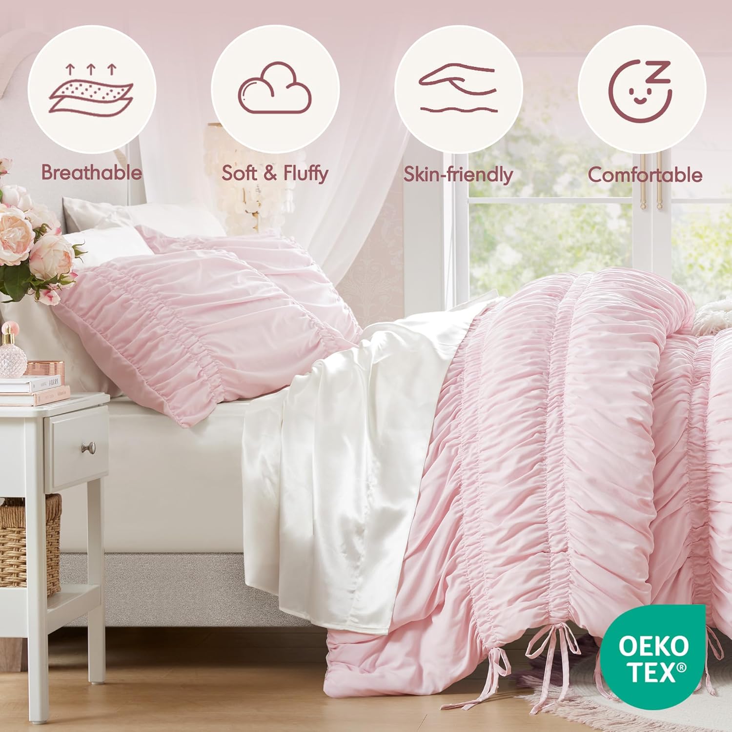 Intelligent Design Queen Comforter Set Ruched Shabby Chic Comforters for Queen Size Bed, All Season Lightweight Comforter Queen, French Country Bedding Set, Shams, Ella, Full/Queen, Pink 3 Piece