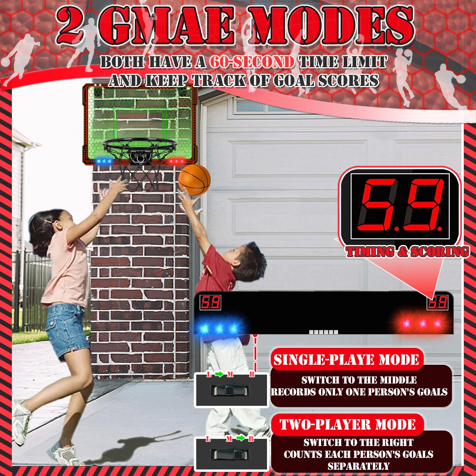 STAY GENT Panier de Basket Interieur, Mini Panier Basket la Porte avec Plusieurs Couleurs Lumières LED 4 Ballons Marqueur Automatique Panier Basket pour Chambre Mini Hoop Jeux Sportif Enfant Adultes