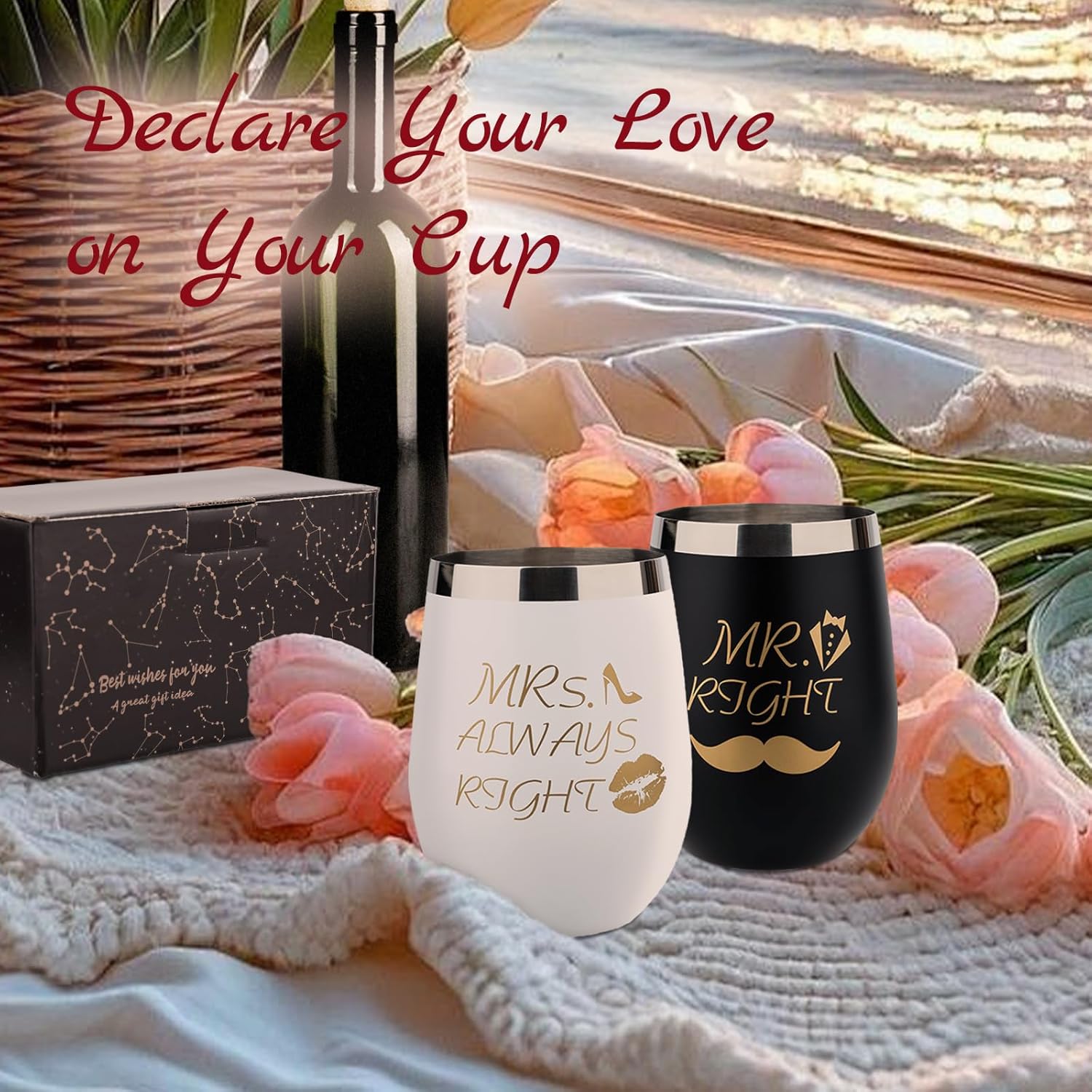 Mr and Mrs gifts Stainless Steel Wine Glasses Set, Wedding Engagement Tumbler Gift for Couples Ideas - His & Her Cups Gifts for Husband Wife, Black & White Mugs 18oz
