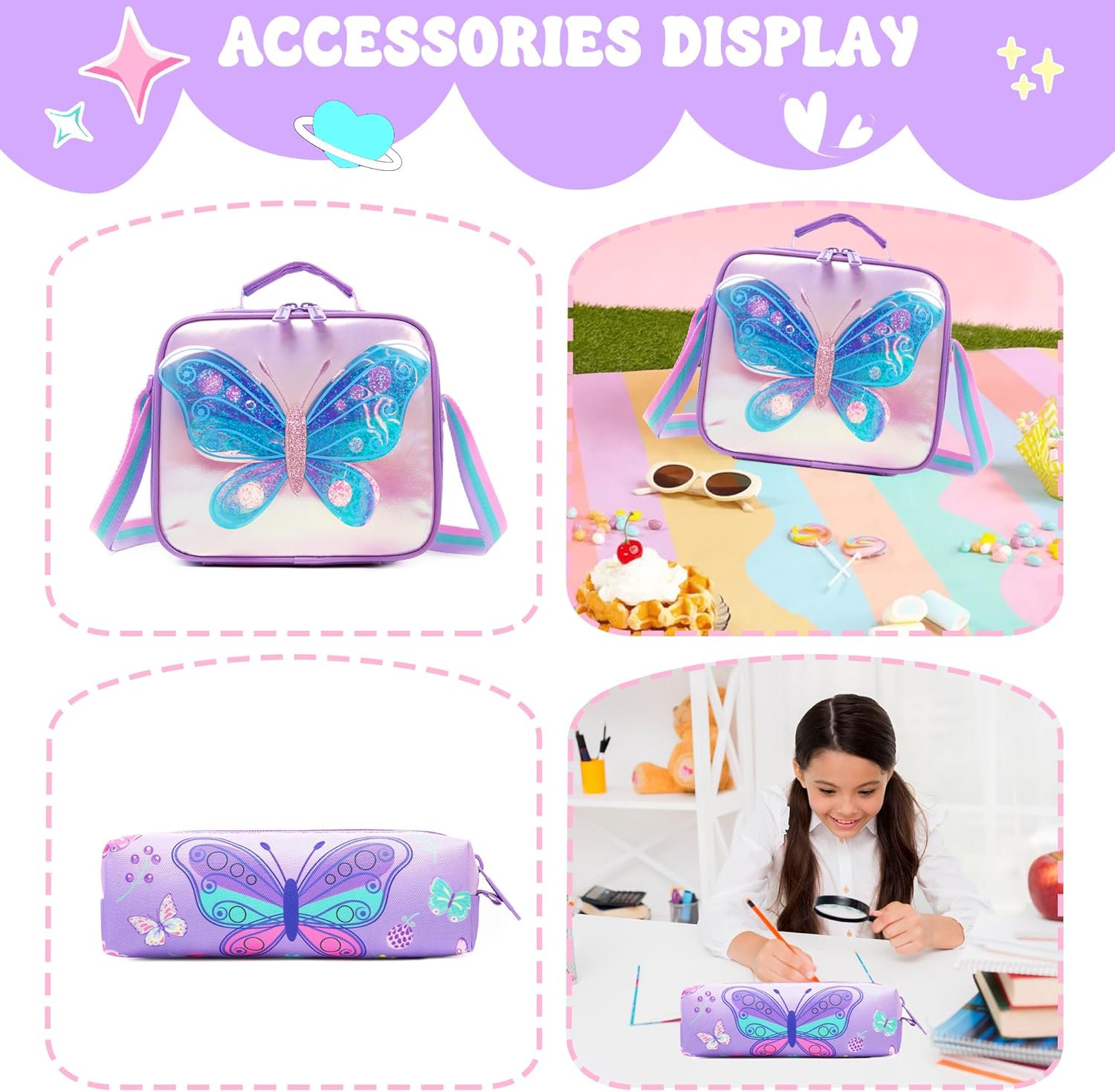 Meetbelify Girls Rolling Backpack with Wheels for Kids 3D Butterfly School Roller Backpack,Carry on Travel Luggage with Lunch Bag and Pencil Case for Girls Ages 5-12