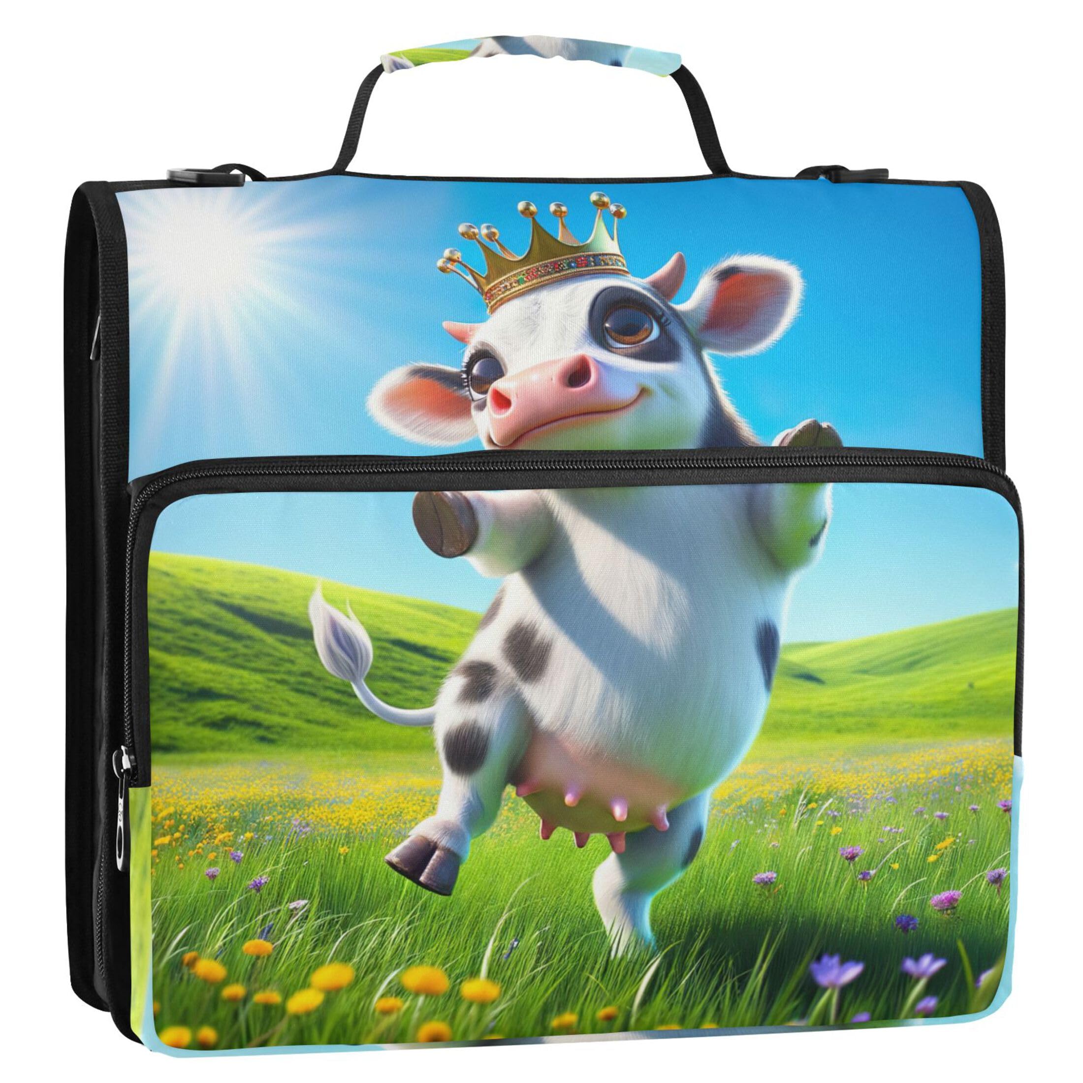 Funny Cow Cute Floral 3 Ring Binders 1 1/2 Inch D Ring Zippered Binder Organizer Binders with Strap Middle School Bag Business Portfolio & Case Ring Folder Holder — image 1