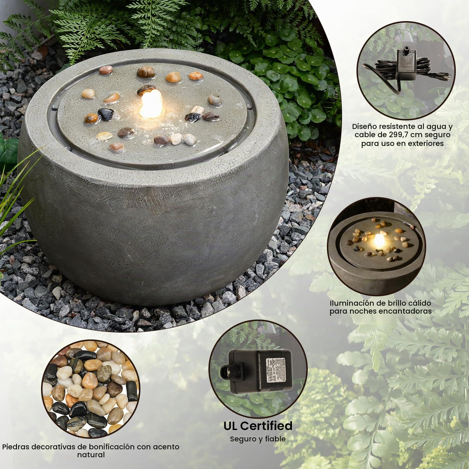 Tankana - Fuente de agua para jardín, para exteriores, con luces y bomba y guijarros, efecto concreto para patio, terraza, patio, decoración del hogar, gris, 18 pulgadas de largo x 18 pulgadas de