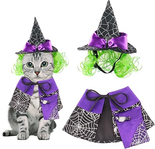 ADOGGYGO Disfraz de Halloween de gato, disfraz de bruja de gato morado, capa de gato, disfraz de sombrero de bruja para gatos y gatitos (bruja-2)