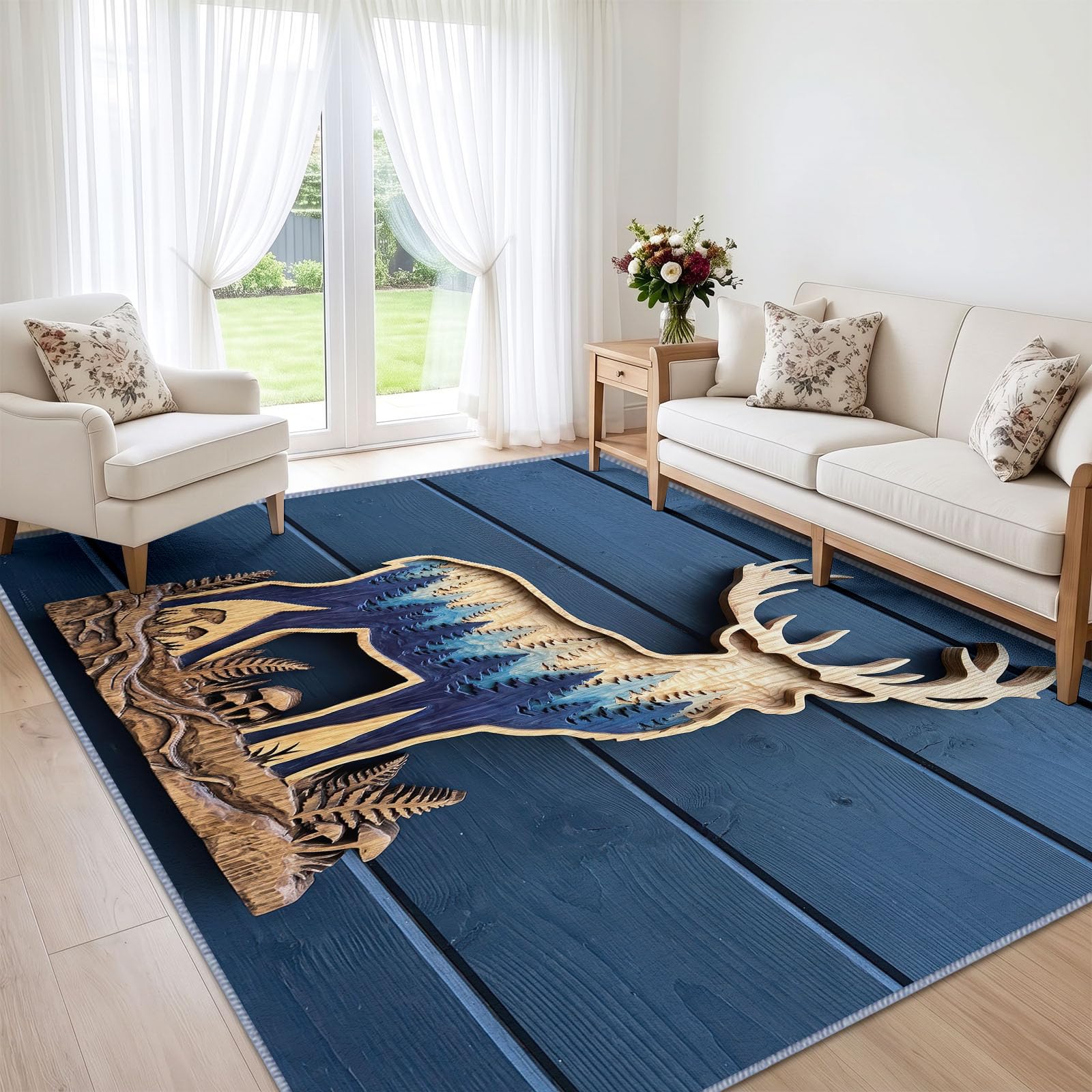Tapis Lavable en Machine 120 x 180 cm Bois Cerf Silhouette Forêt Tapis Antidérapant en Flanelle Idéal pour Enfants et Animaux – Moquette de Chambre Doux, Poils Courts, Entretien Facile, Bleu Marine
