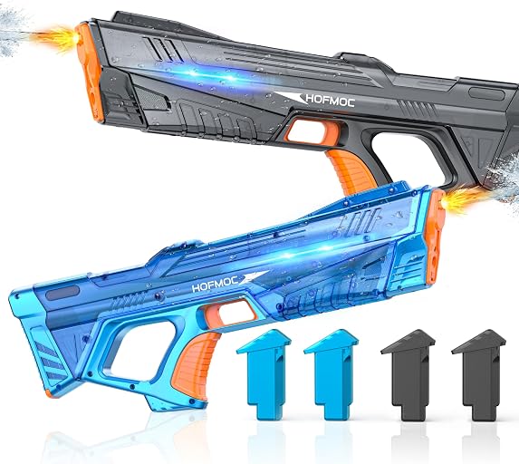 Electric Water Gun for Kids and Adults, 2 Pack, IPX6 Waterproof | Comes with 4 Batteries, LED Lights, Ergonomic Grip, Powerful Spray for Pool, Beach and Backyard Fun
