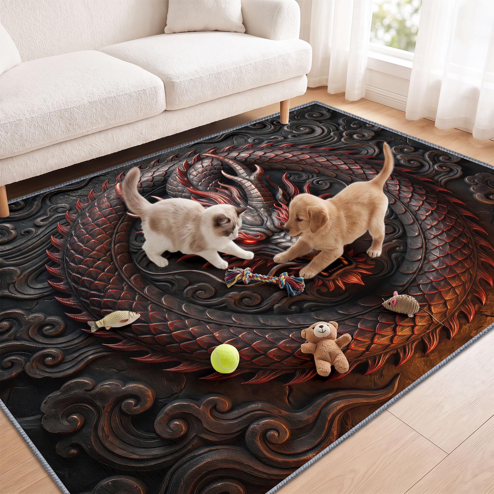 Tapis Oriental Mythologie Asiatique Facile d'entretien Antidérapant, Rouge et Noir Relief de Dragon Tapis 240 x 300 cm Antidérapant Choix Raffiné pour Chambre d'amis ou Salon Salle à Manger Chambre