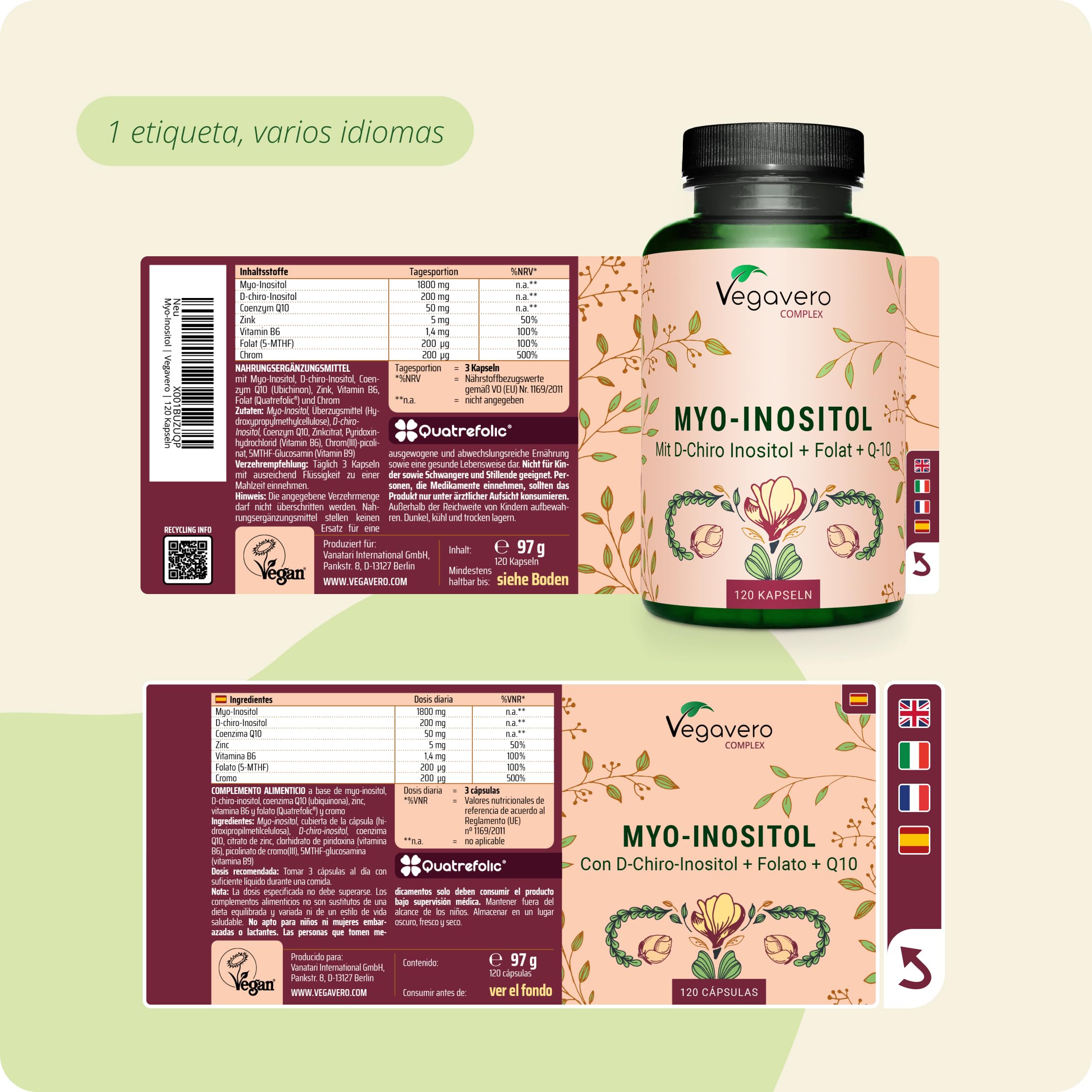 Vegavero Myo Inositol | PCOS | Con D-Chiro + 5-MTHF + Vitaminas | OVARIOS POLIQUÍSTICO | Sin Aditivos | 120 Cápsulas