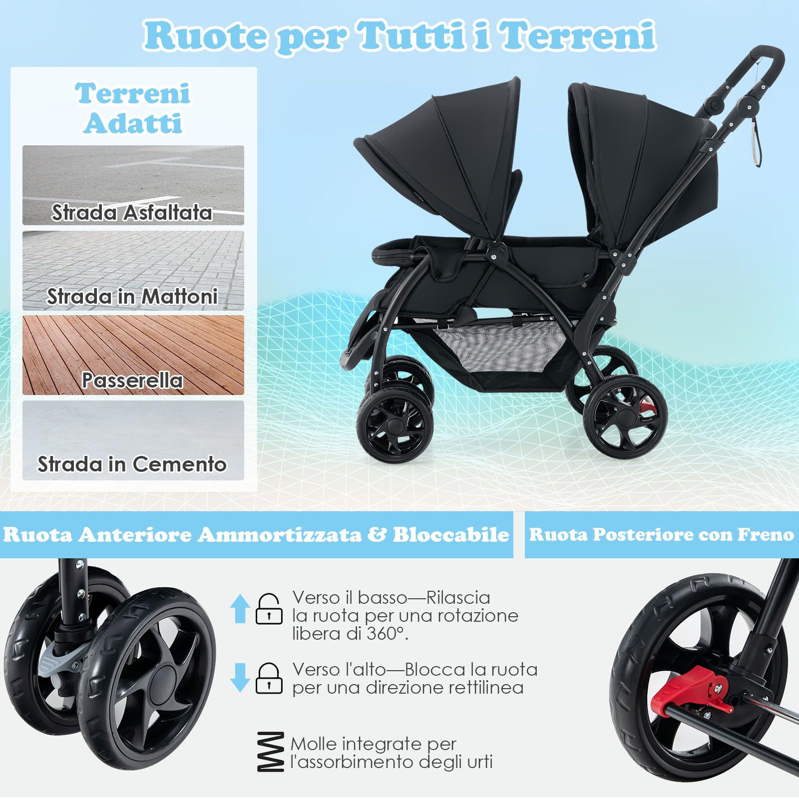 COSTWAY Passeggino Doppio Pieghevole per Bambini, Passeggino Gemellare Pieghevole, con Seduta in Tandem e Tettuccio, Schienale Regolabile, Ruote Bloccabili e Antiurto, Portata Totale 30 kg (Nero)