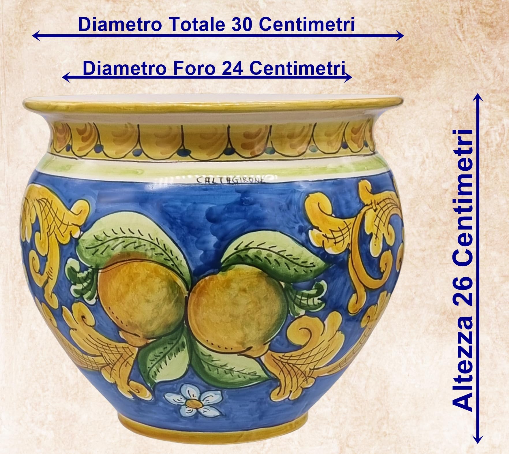 Disco Ceramico Eclissi Sole E Luna – Caltagirone 25 Cm, Decoro Barocco Con Limoni Su Fondo Blu, 100% Artigianale Con Firma A Fuoco