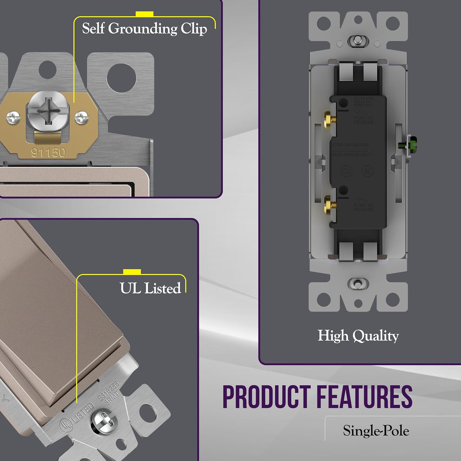 ENERLITES Elite Series Decorator Rocker Light Switch, 15A 120V/277V, Gloss Finish, Single Pole, 3 Wire, Grounding Screw, Residential Grade, UL Listed, 91150-NK, Nickel