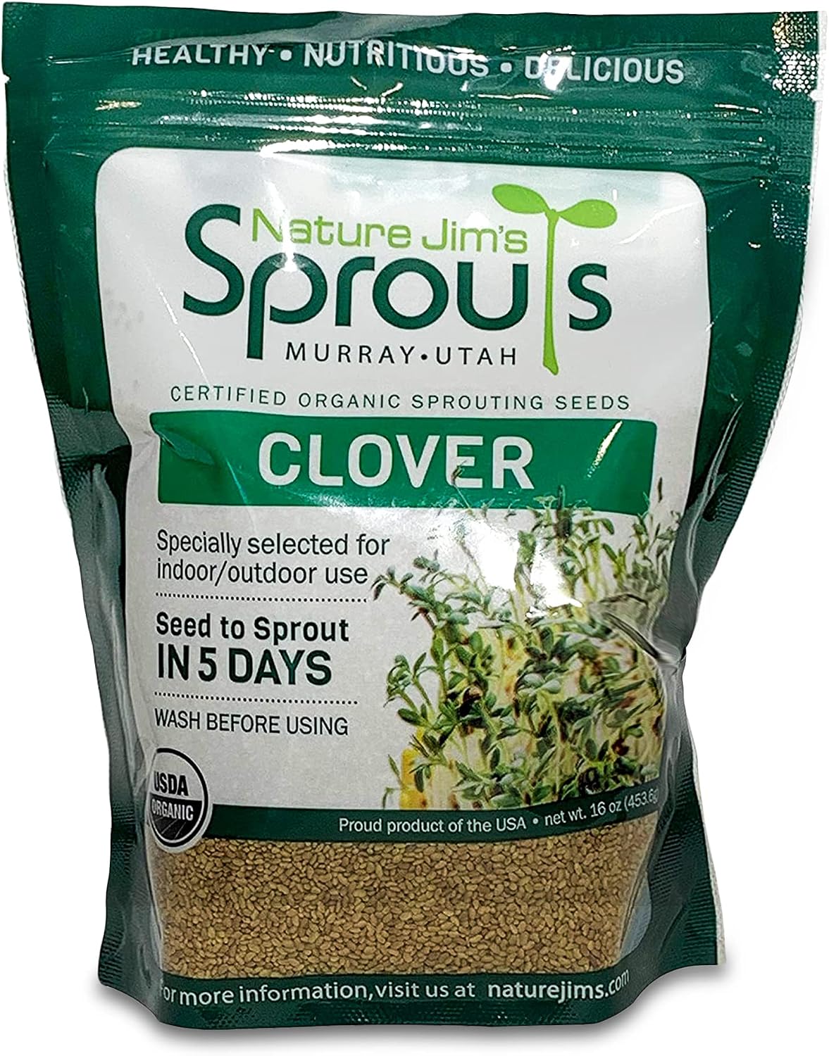 Nature Jims Clover Sprout Seeds – 16 oz Organic Sprouting Seeds – Non-GMO Premium Clover Seeds – Resealable Bag for Longer Freshness – Rich in Vitamins, Minerals, Fiber