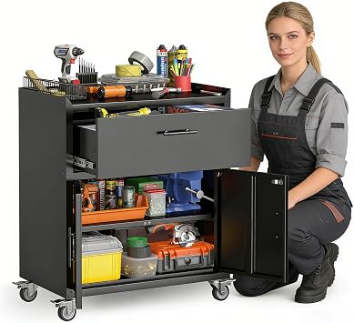 Metal Storage Cabinet, with Locking Doors Drawer, Adjustable Shelves, Rolling Storage Cabinet for Garage, Storage Organizer Cabinet for Garage, Warehouse, Office, Black 35"H x 30"W x 18"D
