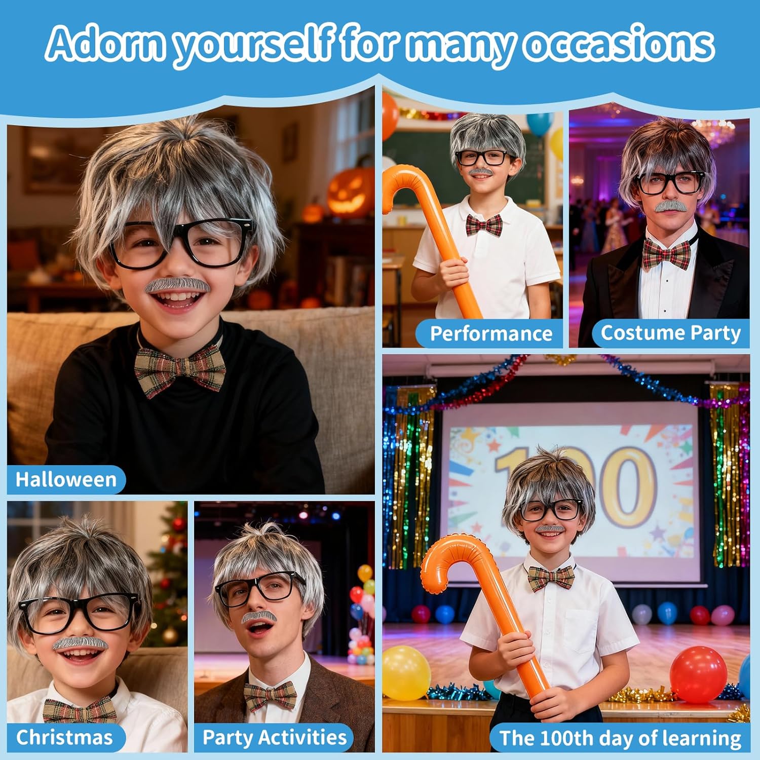 8pcs Old Man Costume for Men Old Man Wig for Adults Grandpa Costume with Wigs, Wig Cap, Moustache, Eyebrow, Glasses, Bow Tie, Inflatable Cane, Fake Pipe for Costumes Party Cosplay Christmas - Image 6