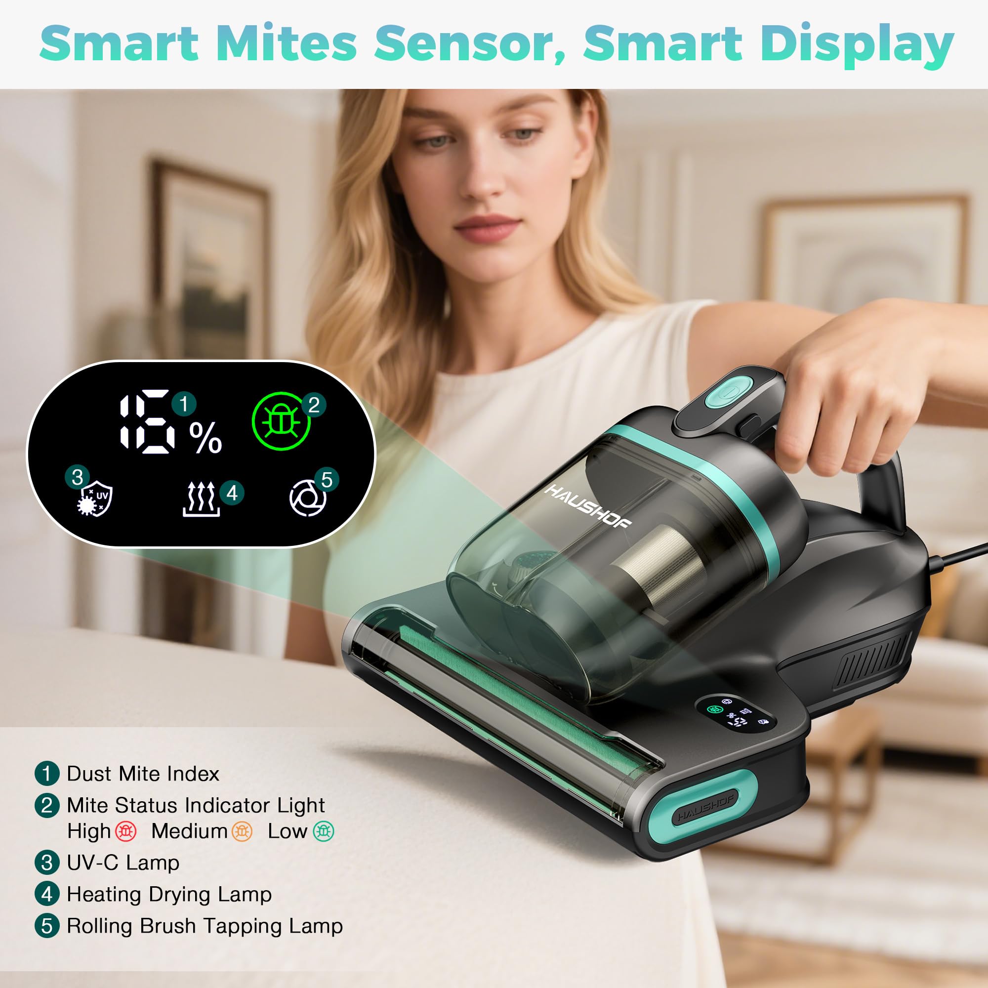 HAUSHOF Odkurzacz do materacy z lampą UV 275 nm, mocy 400 W i siłą ssania 15 kPa, podwójnym pojemnikiem na roztocza z filtrem HEPA, gorące powietrze 60°C i aromaterapia, do łóżek i sof