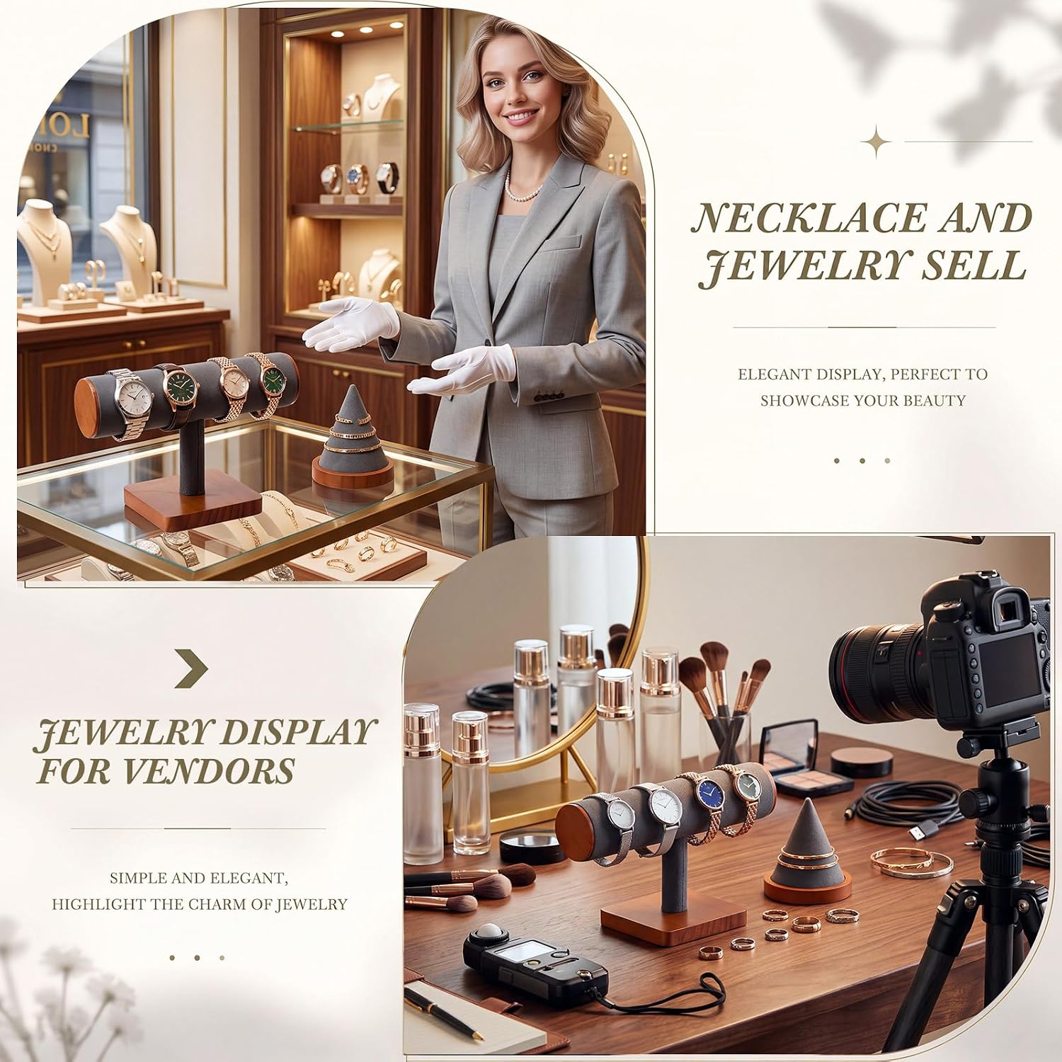 Huquary 4 Pcs Jewelry Display Set T Bar Watch Stand & Cone Bracelet Display image 4