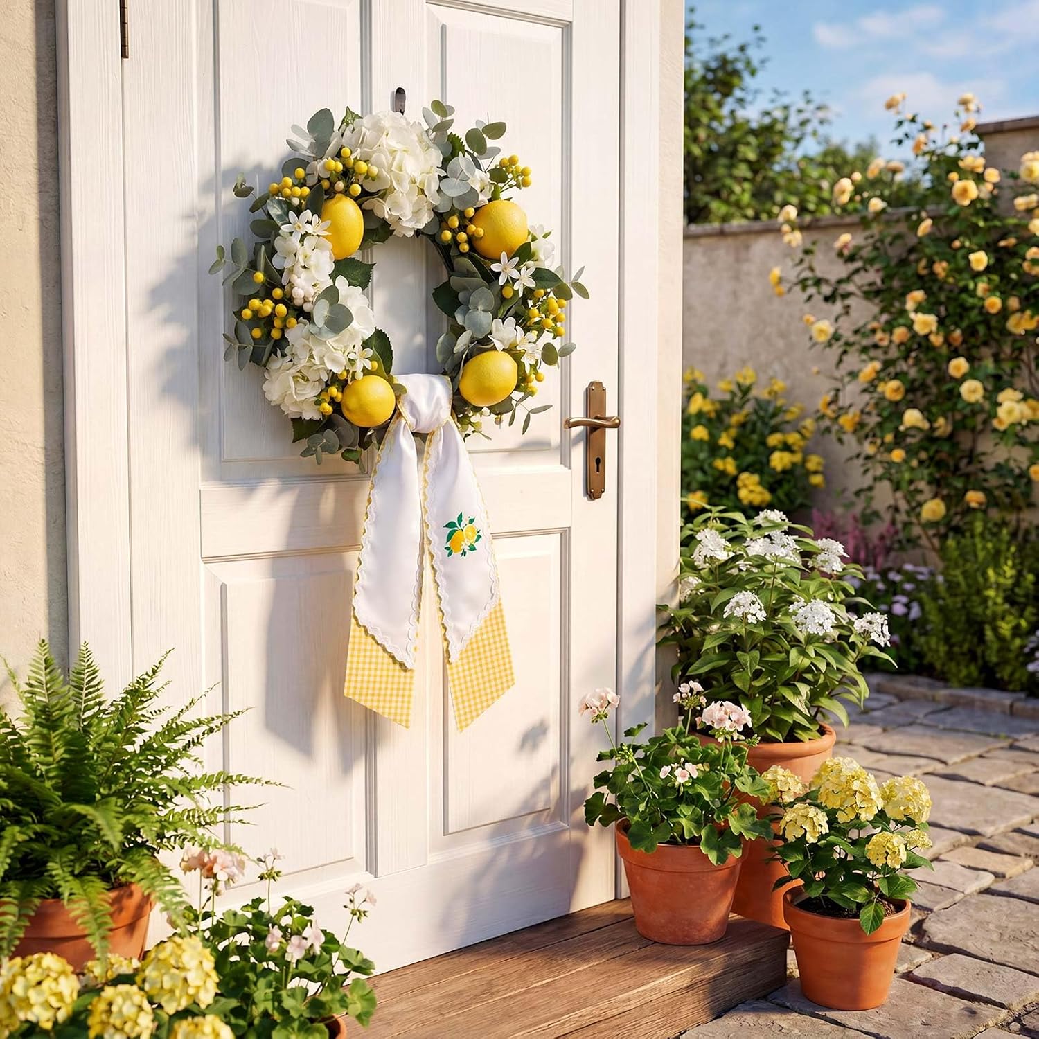 Yinder 2 Pcs Layered Wreath Sash for Front Door, Summer Lemon Garland Ribbon Accessories, RIC Rac Trim Yellow and White Gingham Lemon Wreath Sash for Holiday Summer Party Home Decor Indoor Outdoor