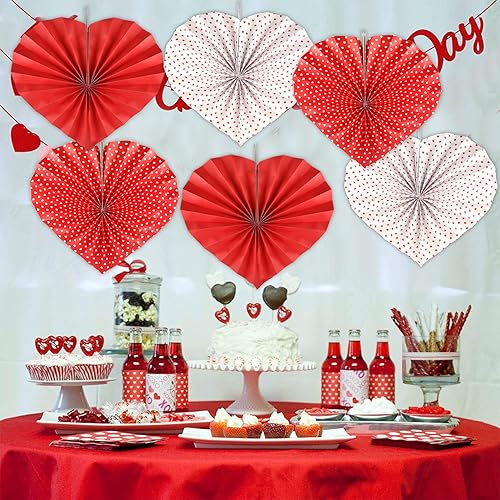 Miniatura 5 de Reofrey 6 piezas de decoración de corazón de abanico de papel, diseño de corazón rojo, decoración del día de San Valentín, para San Valentín,