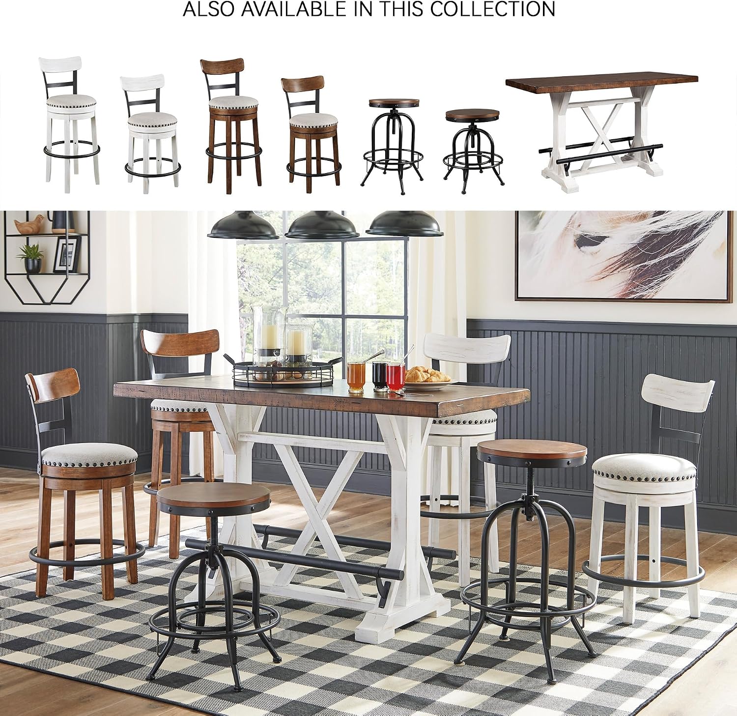 BOWERY HILL Adjustable Swivel Counter Stool, Brown and Black Finish, Set of 2, Metal and Engineered Wood Construction, 19.5-24 in Height, Rustic Industrial Style Kitchen or Bar Seating