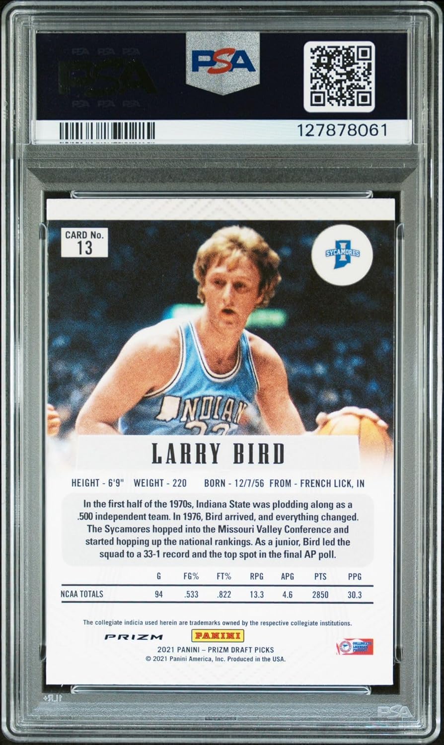 Larry Bird 2021 Prizm Draft Picks Flashback Silver Prizm Signed Basketball Card #13 Graded PSA 7 Auto 10 Cert #127878061