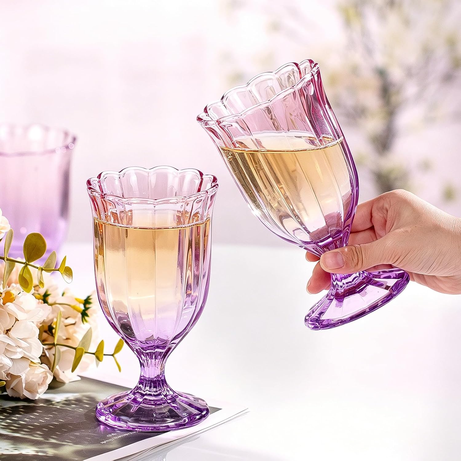 Goblet Glasses Set of 2, 350ML Decorative Stemmed Drinking Glasses, Purple