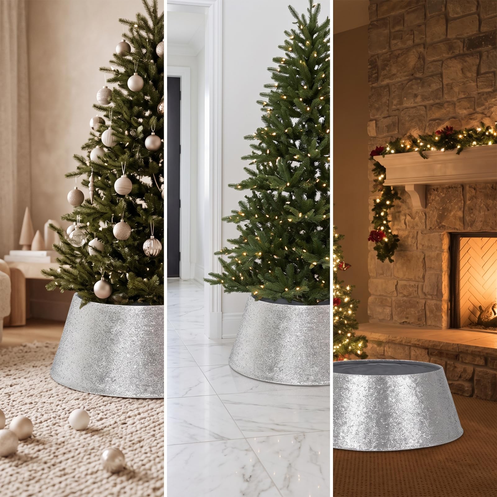 Tappeto sotto l’Albero di Natale | Finitura Glitterata Scintillante, Decorativo, Anello Gonna per Albero di Natale, Vetrine, Argento