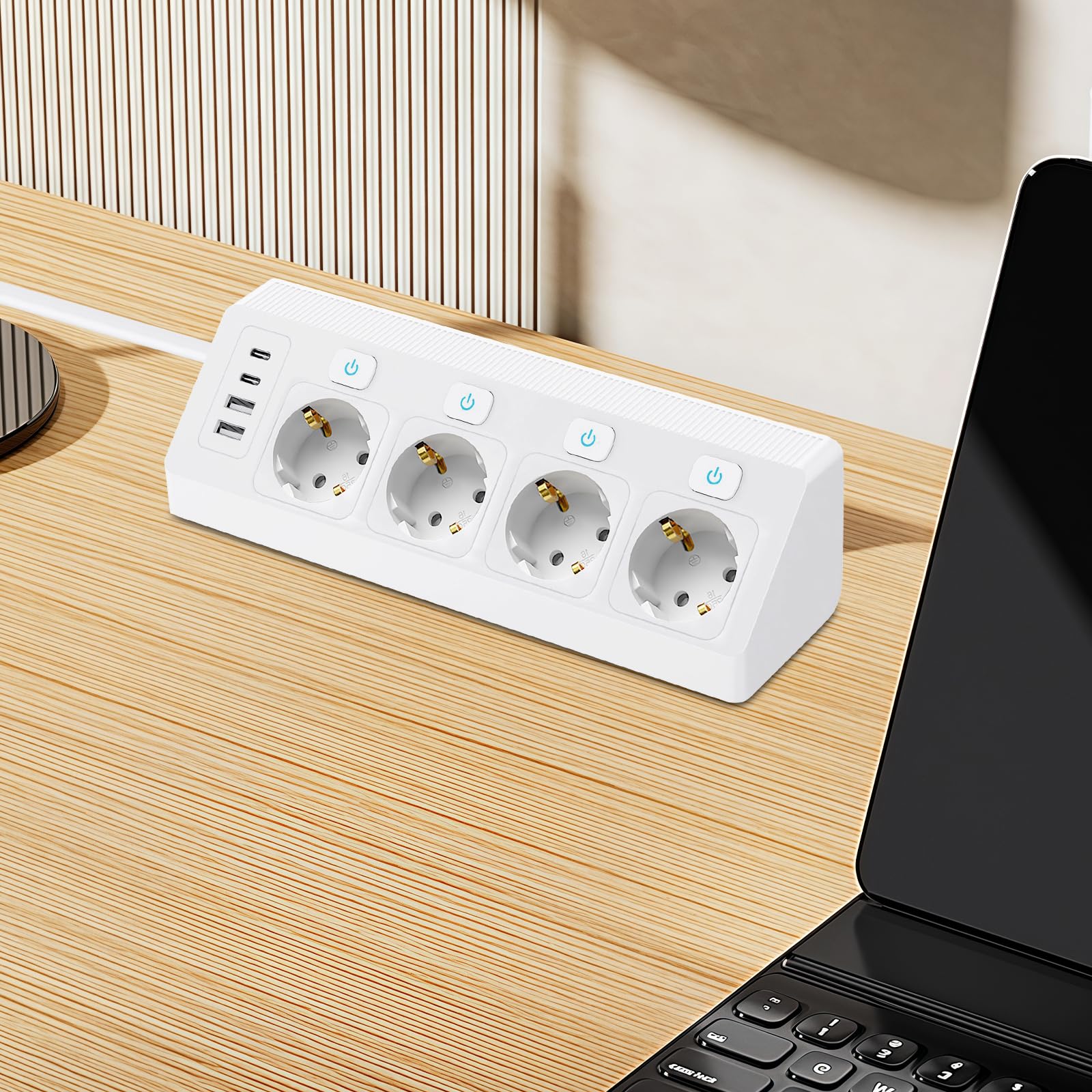 Hoekstopcontact met 2 USB C en 2 USB A, 6-voudige stekkerdoos, afzonderlijk schakelbaar, 4000 W, 16 A, wandmontage, 2 m kabel, wit, meervoudige stekkerdoos voor keuken en bureau