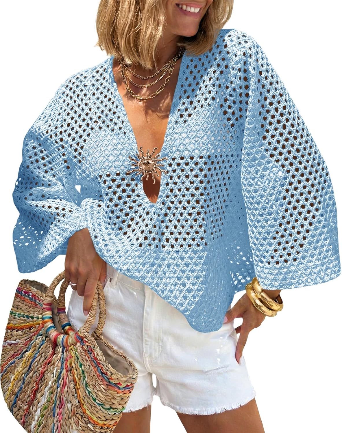 Saodimallsu Womens Crochet Beach Cover Up Top Summer 3/4 Sleeve Boho Oversized Mesh Knit V Neck Swimsuit Coverup