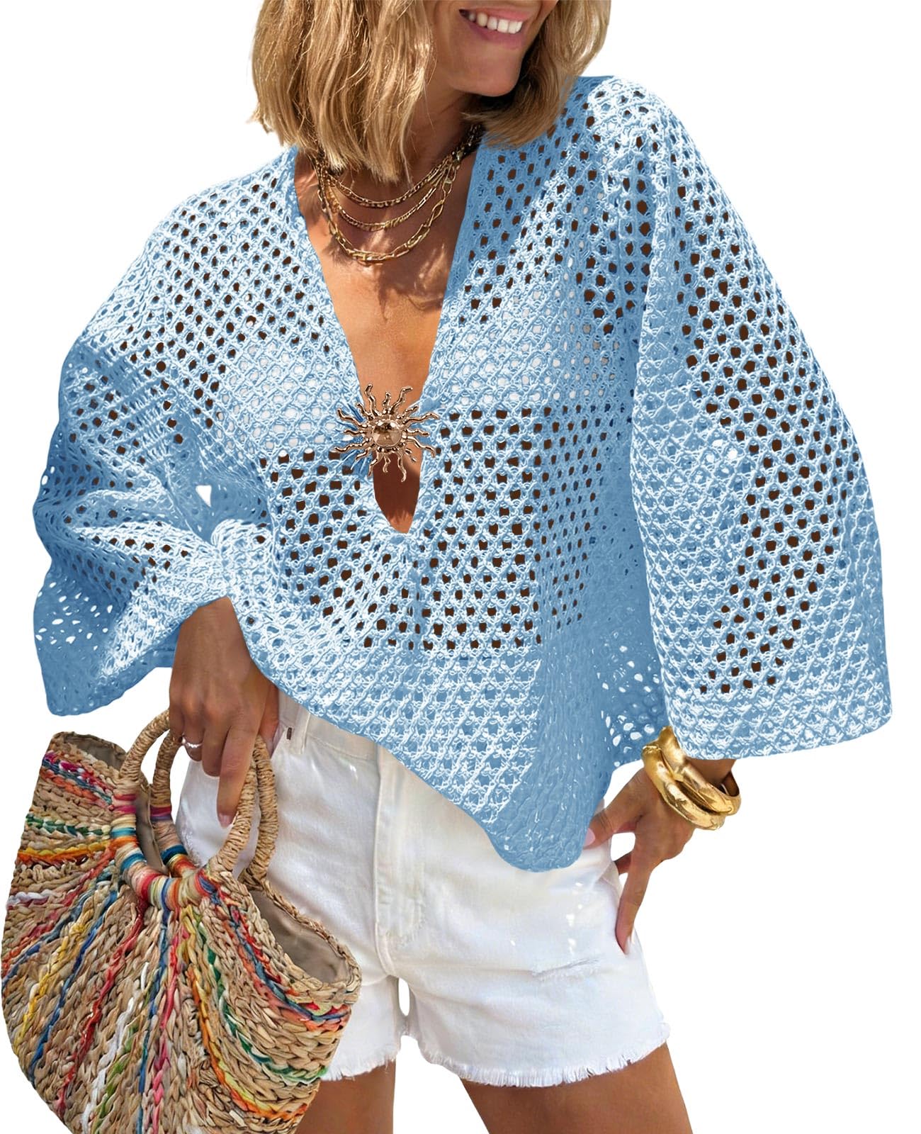 Womens Crochet Beach Cover Up Top Summer 3/4 Sleeve Boho Oversized Mesh Knit V Neck Swimsuit Coverup-image-46