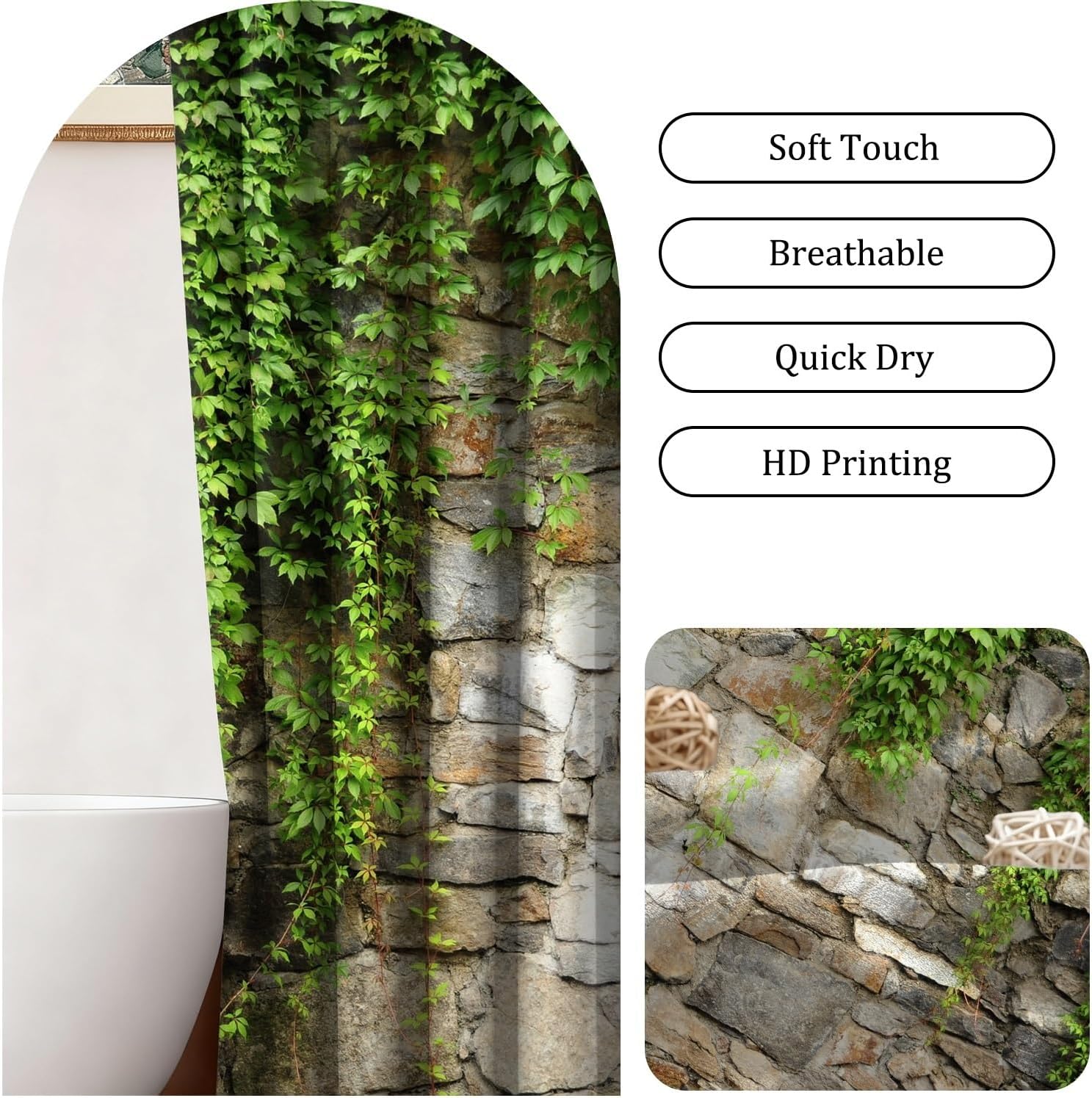 Ivy Vine Green Leaves Shower Curtain Rustic Stone Wall Spring Nature Plants Leaf Farmhouse Bathroom Bathtub Curtain Waterproof Polyetser Fabric Shower Curtains Set with Hooks,72x72inch