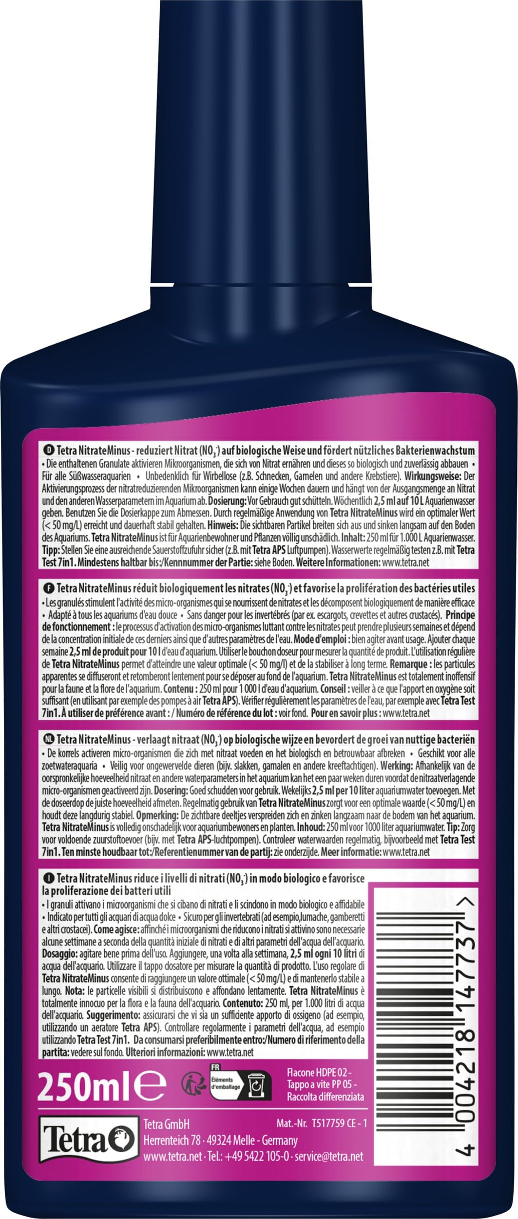 Tetra NitrateMinus 250 ml, Riduce il Nitrato Nutritivo delle Alghe