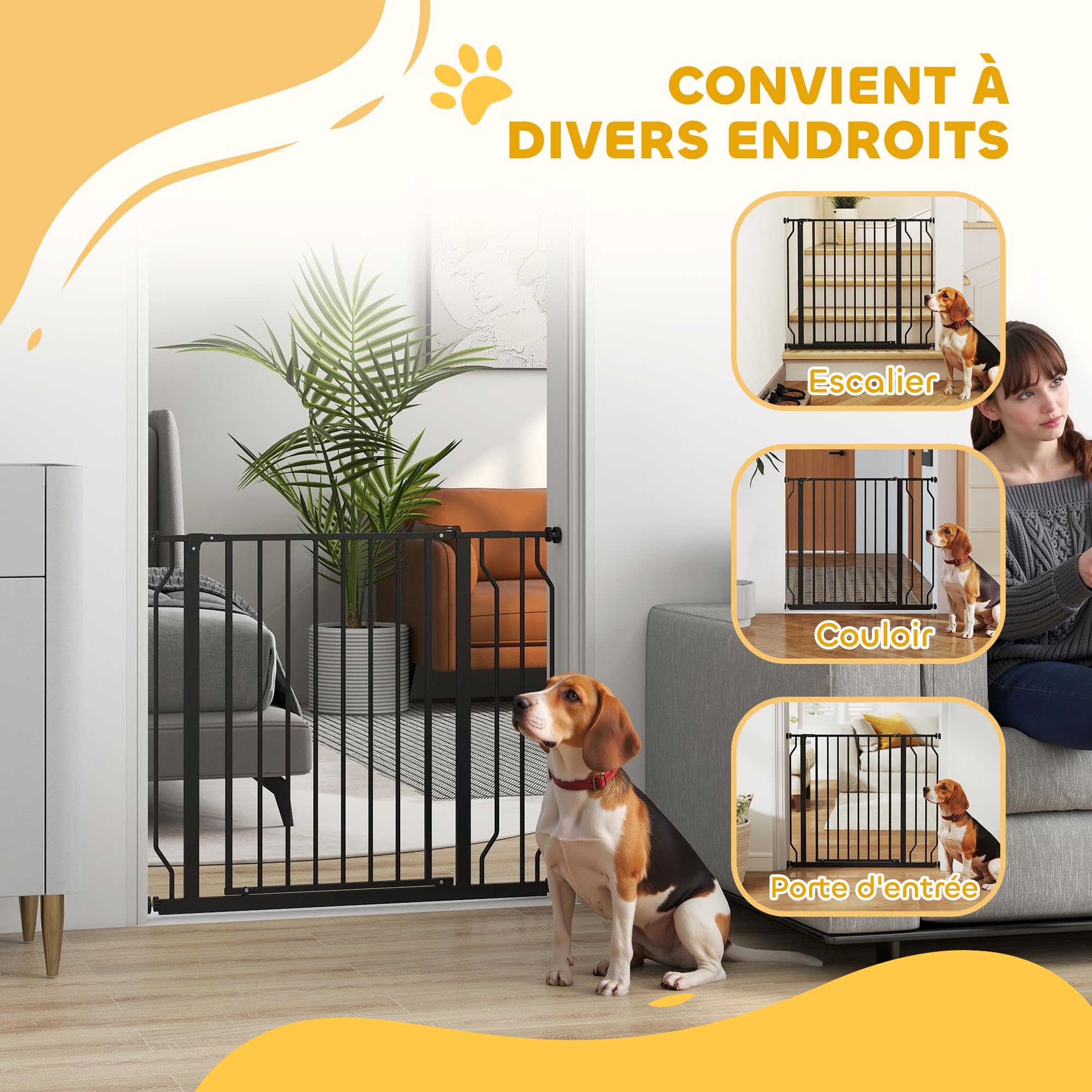 PawHut Barrière de sécurité Chien barrière Extensible 75-95 x 76 cm barrière escaliers couloirs Portes sans perçage en Acier et ABS Noir